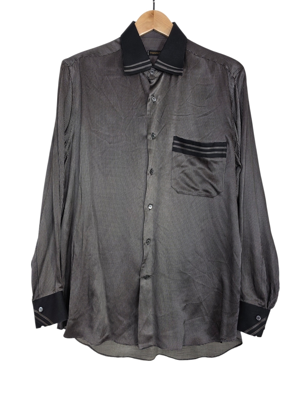 Stefano Ricci Handmade 100% Silk Black and Brown Houndstooth button Dress Shirt